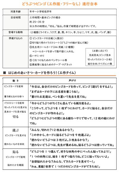 どうぶつビンゴ 進行台本（工作版・フリーなし）見本