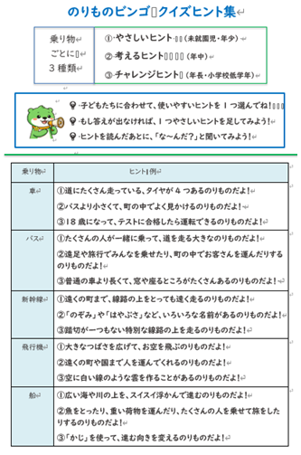 のりものビンゴ クイズヒント集の見本